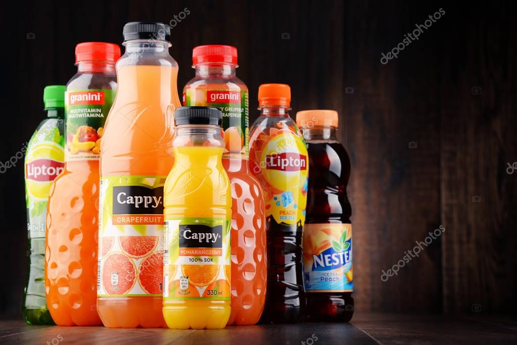 POZNAN, POLAND - JAN 18, 2017: Fruit juice consumption overall in Europe, Australia, New Zealand and the US has increased in recent years due to their perceived health benefits.