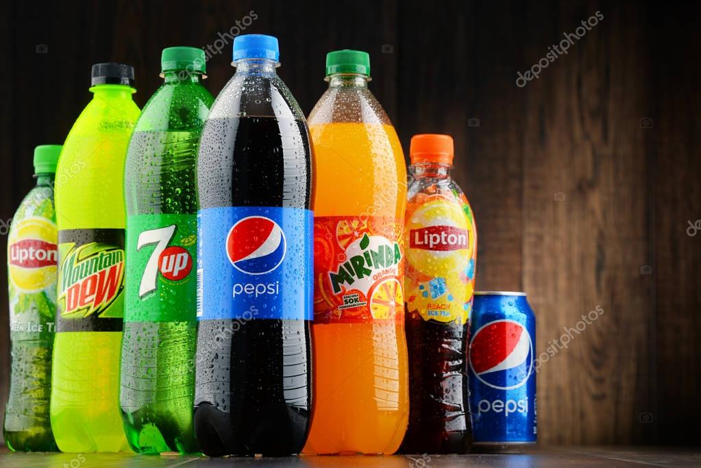 POZNAN, POLAND - JAN 19, 2017: Flagship products of Pepsico, American multinational food, snack and beverage corporation headquartered in Purchase, New York