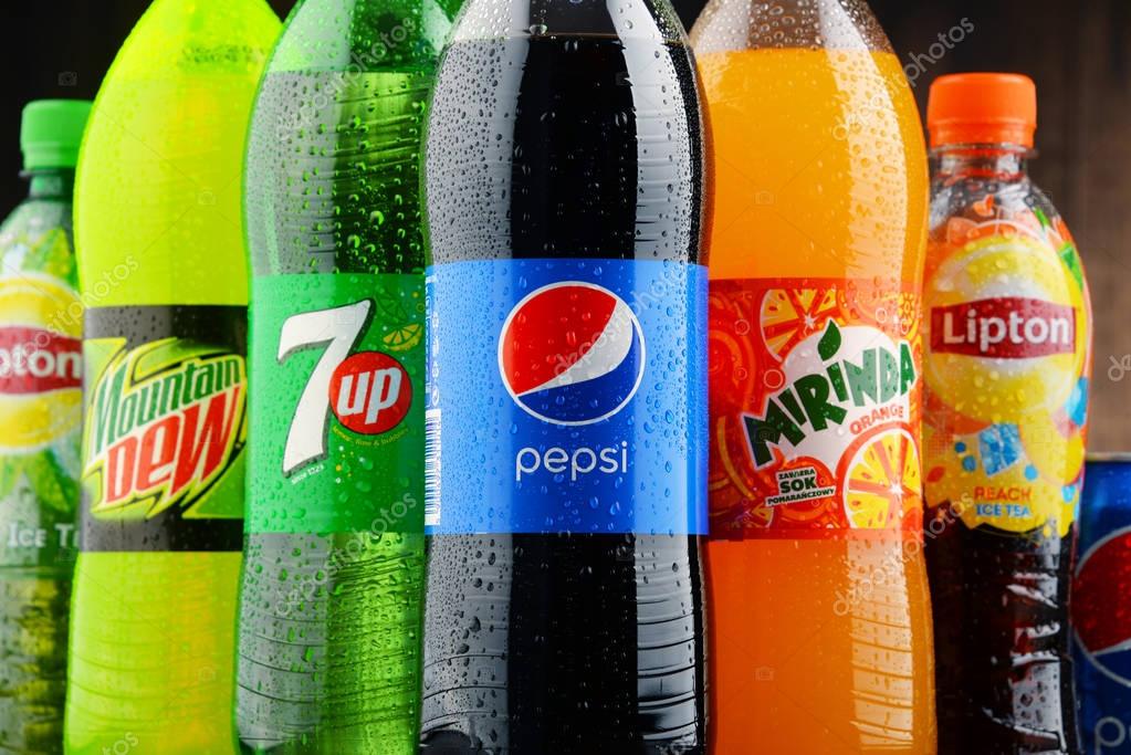 POZNAN, POLAND - JAN 19, 2017: Flagship products of Pepsico, American multinational food, snack and beverage corporation headquartered in Purchase, New York