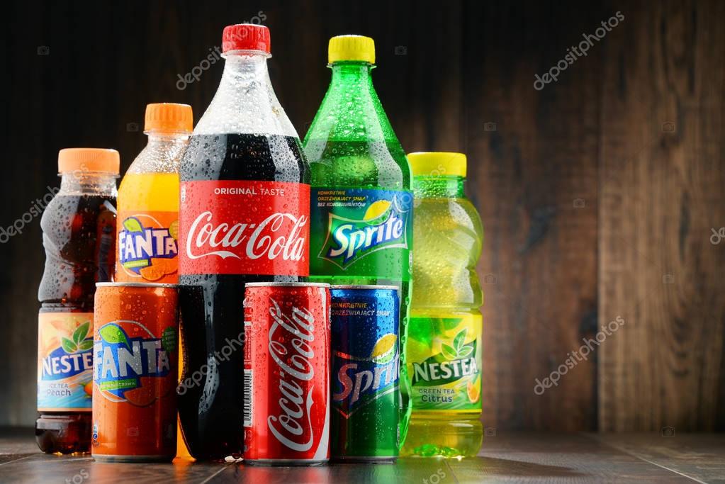 POZNAN, POLAND - JAN 19, 2017: Flagship products of Coca Cola Company, American multinational beverage corporation,  headquartered in Atlanta, Georgia, USA