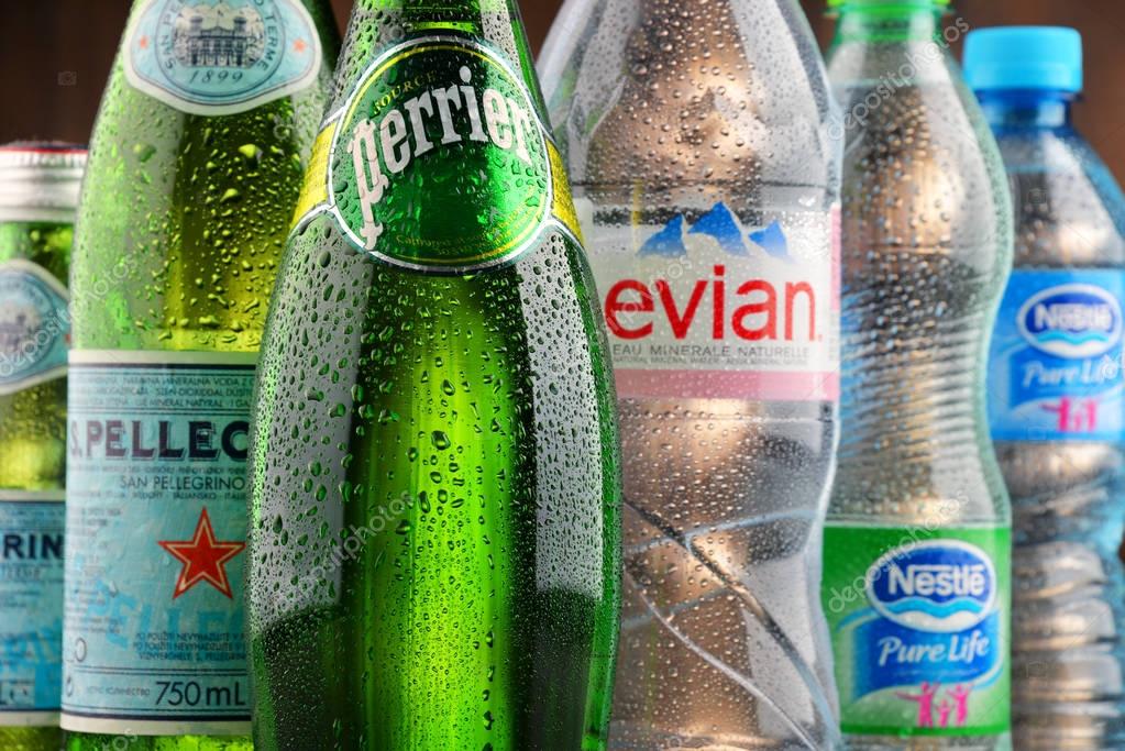 POZNAN, POLAND - JAN 18, 2017: Global bottled water sales have increased dramatically over the past decades. It is estimated that around 200 billion bottles are consumed yearly all over the world