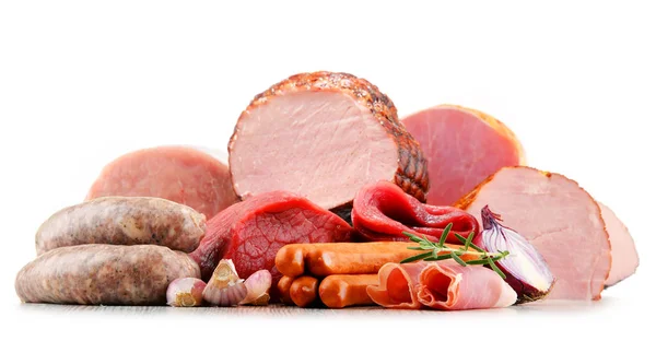 Meat products including ham and sausages isolated on white — Stock Photo, Image