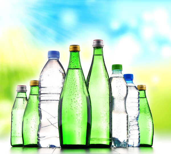 Different sorts of bottles containing mineral water