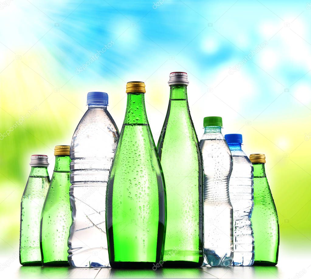 Different sorts of bottles containing mineral water