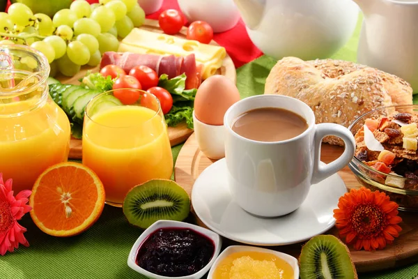 Breakfast served with coffee, orange juice, egg and fruits — Stock Photo, Image