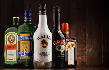 Çeşitli küresel likör markalar şişe