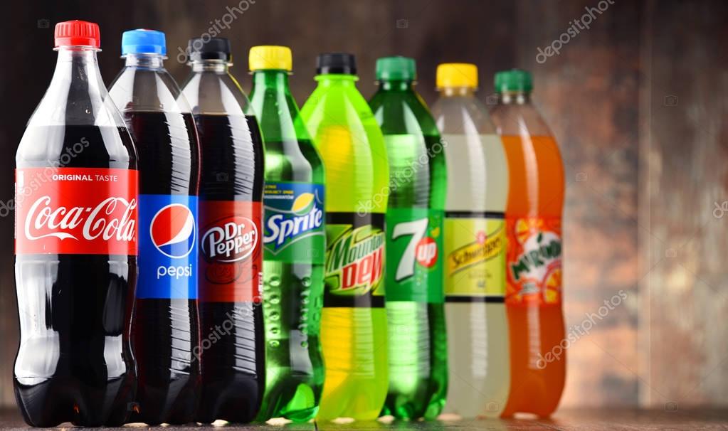POZNAN, POLAND - MAR 16, 2017: Global soft drink market is dominated by brands of few multinational companies founded in North America. Among them are Pepsico, Coca Cola and Dr. Pepper Snapple Group