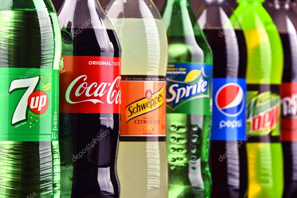 POZNAN, POLAND - MAR 16, 2017: Global soft drink market is dominated by brands of few multinational companies founded in North America. Among them are Pepsico, Coca Cola and Dr. Pepper Snapple Group