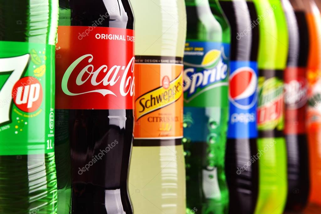 POZNAN, POLAND - MAR 16, 2017: Global soft drink market is dominated by brands of few multinational companies founded in North America. Among them are Pepsico, Coca Cola and Dr. Pepper Snapple Group