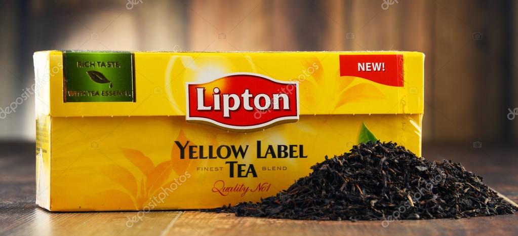 POZNAN, POLAND - MAR 31, 2017: Lipton Yellow Label is a famous brand of tea produced by Lipton since 1890, now sold in over 150 countries worldwide by Anglo-Dutch multinational company Unilever