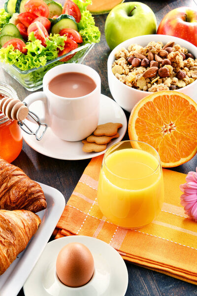 Composition with breakfast on the table. Balnced diet