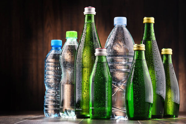 Different sorts of bottles containing mineral water