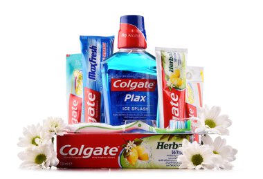 Composition with Colgate products isolated on white clipart