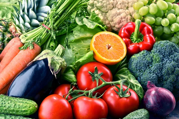 Produtos hortícolas e frutas orgânicos brutos e variados — Fotografia de Stock