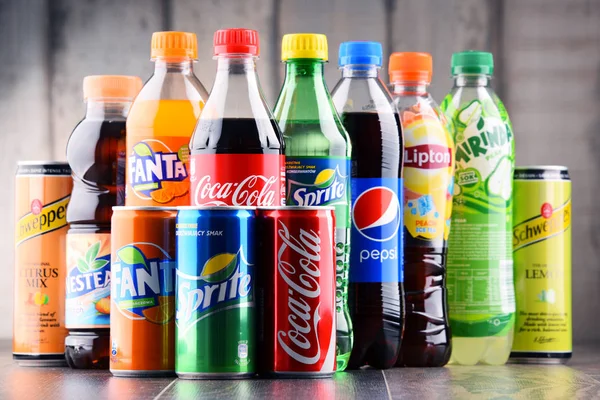 Bottles of assorted global soft drinks — Stock Photo, Image