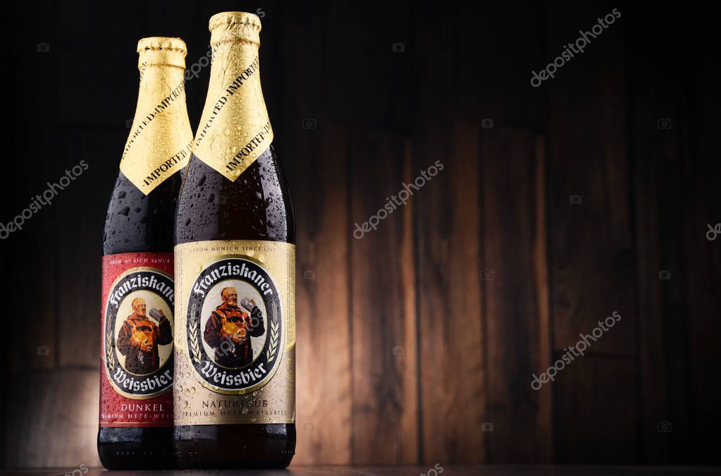 POZNAN, POLAND - MAY 17, 2017: Franziskaner Weissbier is a product of Spaten-Franziskaner-Breau GmbH located in Munich, Bavaria, Germany. The brewery is owned by the Anheuser-Busch InBev.