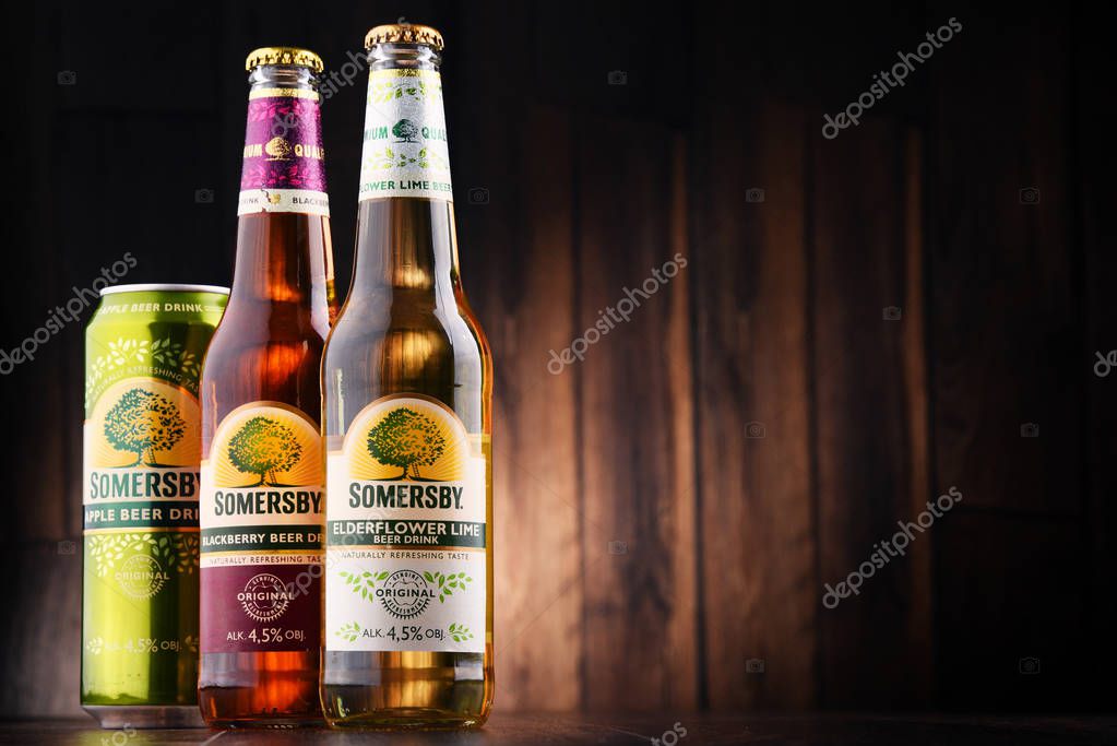 POZNAN, POLAND - MAY 17, 2017: Somersby cider is a brand of 4.5% abv cider produced by Danish brewing company Carlsberg Group. It is being sold in more than 46 countries.