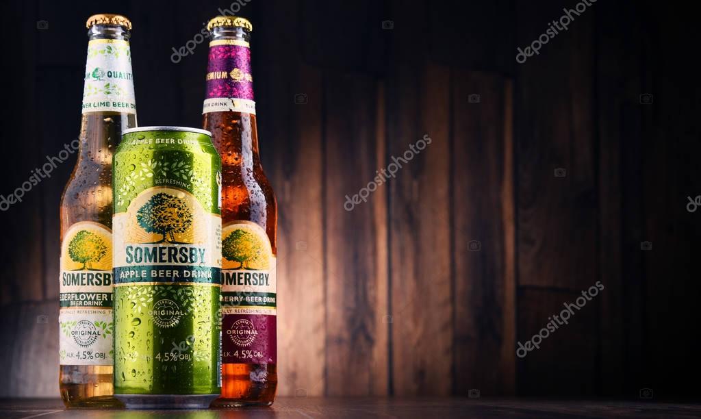 POZNAN, POLAND - MAY 17, 2017: Somersby cider is a brand of 4.5% abv cider produced by Danish brewing company Carlsberg Group. It is being sold in more than 46 countries.