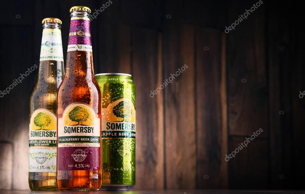 POZNAN, POLAND - MAY 17, 2017: Somersby cider is a brand of 4.5% abv cider produced by Danish brewing company Carlsberg Group. It is being sold in more than 46 countries.