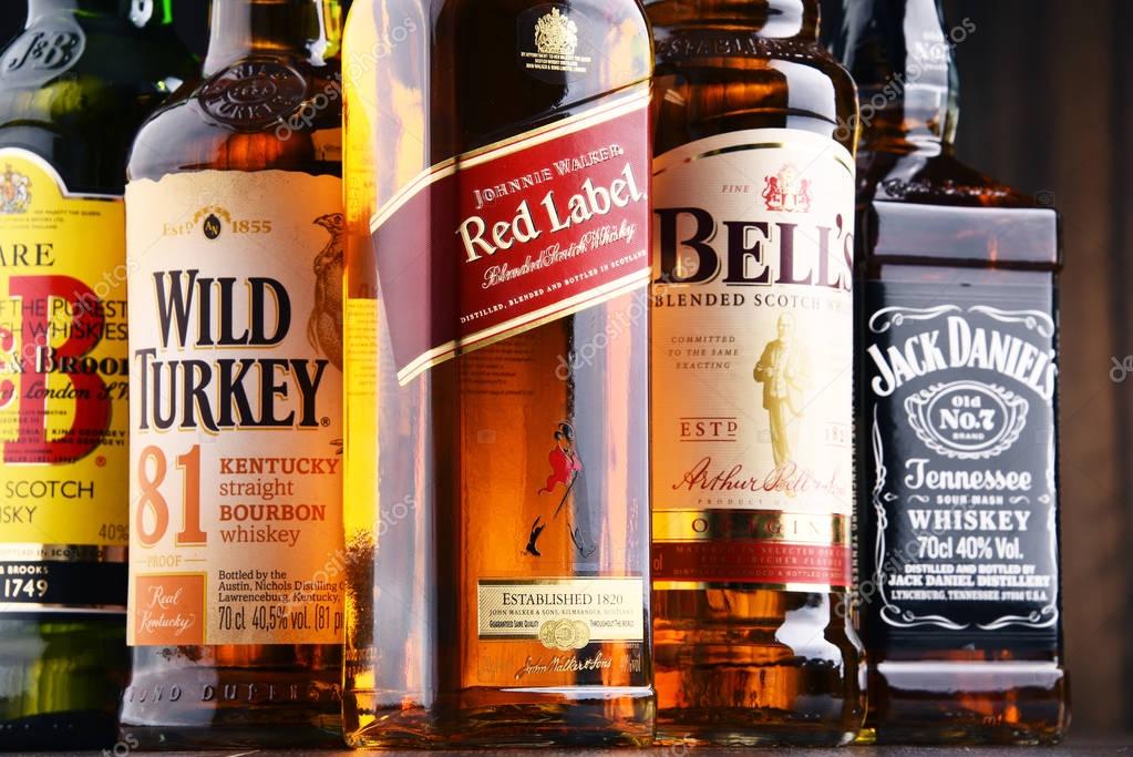 POZNAN, POLAND - MAY 17, 2017: Whiskey is the most popular liquor in the world. Originated probably in Ireland, now it is produced on grand scale also in India, Scotland, USA, Canada and Japan