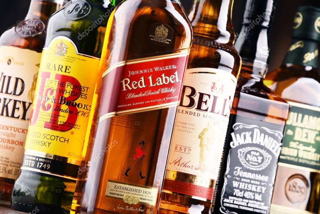 POZNAN, POLAND - MAY 17, 2017: Whiskey is the most popular liquor in the world. Originated probably in Ireland, now it is produced on grand scale also in India, Scotland, USA, Canada and Japan