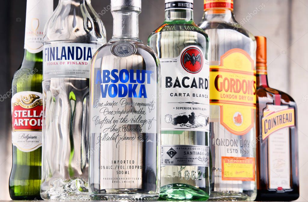 POZNAN, POLAND - MAY 17, 2017: Worldwide some 2 billion people use alcohol, one of the most widely used recreational drugs on earth, with yearly consumption of over 6 liters of pure alcohol per person