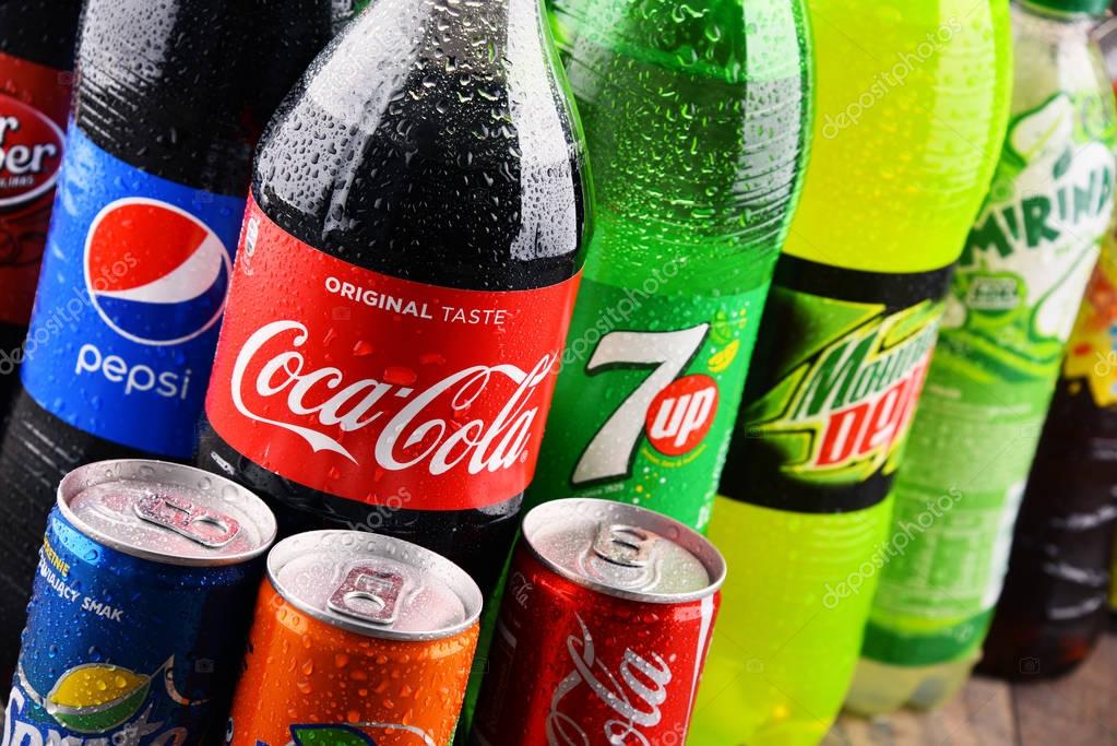 POZNAN, POLAND - MAY 19, 2017: Global soft drink market is dominated by brands of few multinational companies founded in North America. Among them are Pepsico, Coca Cola and Dr. Pepper Snapple Group
