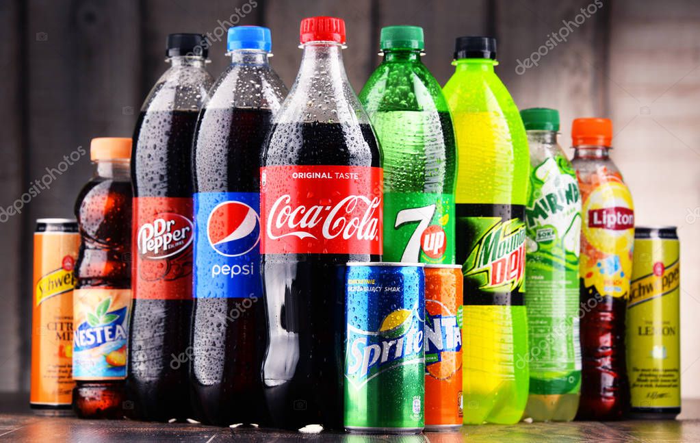 POZNAN, POLAND - MAY 19, 2017: Global soft drink market is dominated by brands of few multinational companies founded in North America. Among them are Pepsico, Coca Cola and Dr. Pepper Snapple Group