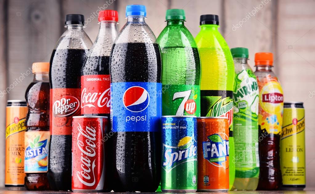 POZNAN, POLAND - MAY 19, 2017: Global soft drink market is dominated by brands of few multinational companies founded in North America. Among them are Pepsico, Coca Cola and Dr. Pepper Snapple Group