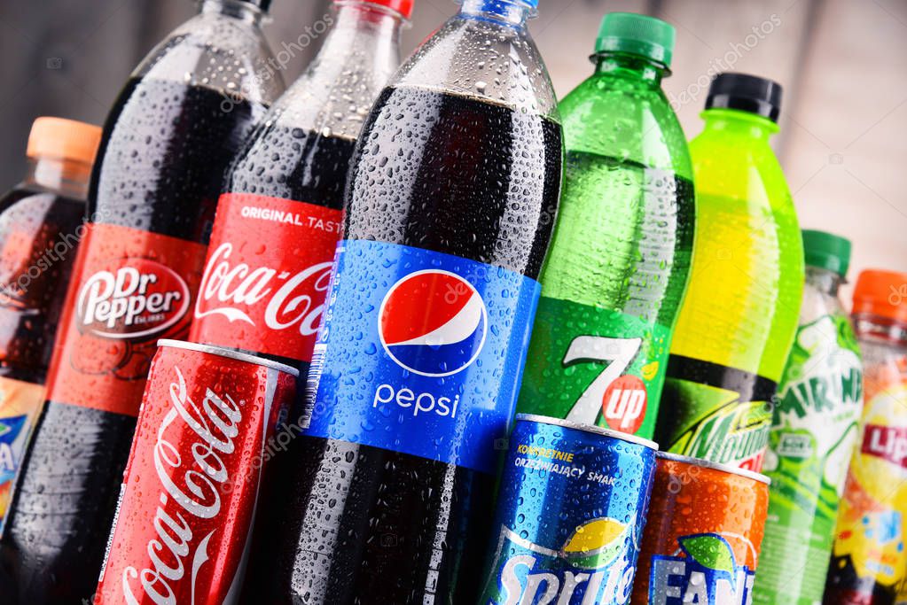 POZNAN, POLAND - MAY 19, 2017: Global soft drink market is dominated by brands of few multinational companies founded in North America. Among them are Pepsico, Coca Cola and Dr. Pepper Snapple Group