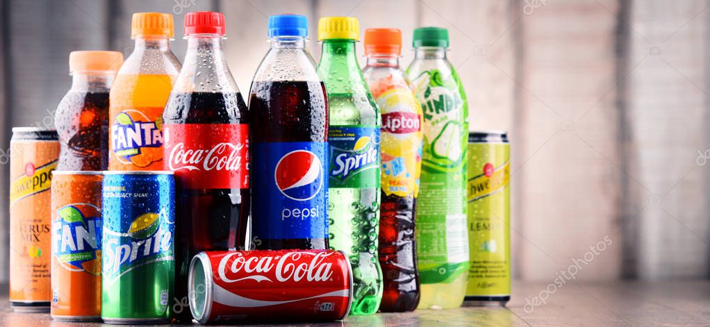 POZNAN, POLAND - MAY 19, 2017: Global soft drink market is dominated by brands of few multinational companies founded in North America. Among them are Pepsico, Coca Cola and Dr. Pepper Snapple Group