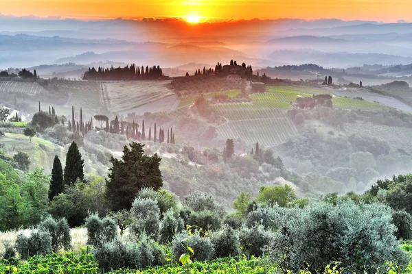 Landschapsmening van Toscane, Italië tijdens zonsopgang — Stockfoto