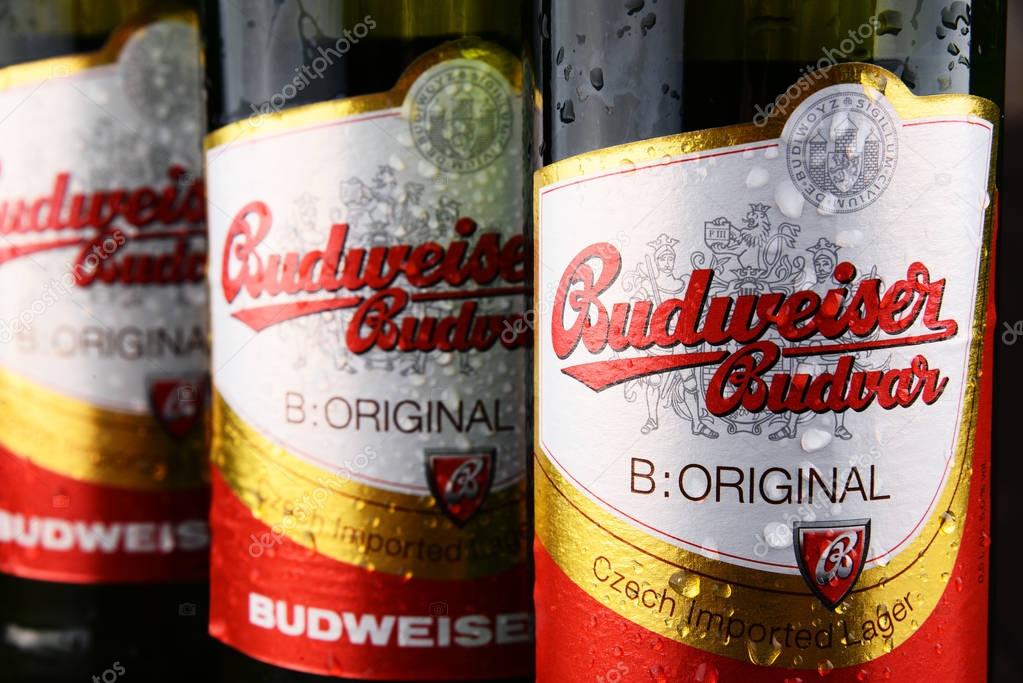 POZNAN, POLAND - JUNE 2, 2017: Budweiser Budvar one of the highest selling beers in the Czech Rep. exported into more than 60 countries, produced in Ceske Budejovice by Budweiser Budvar Brewery
