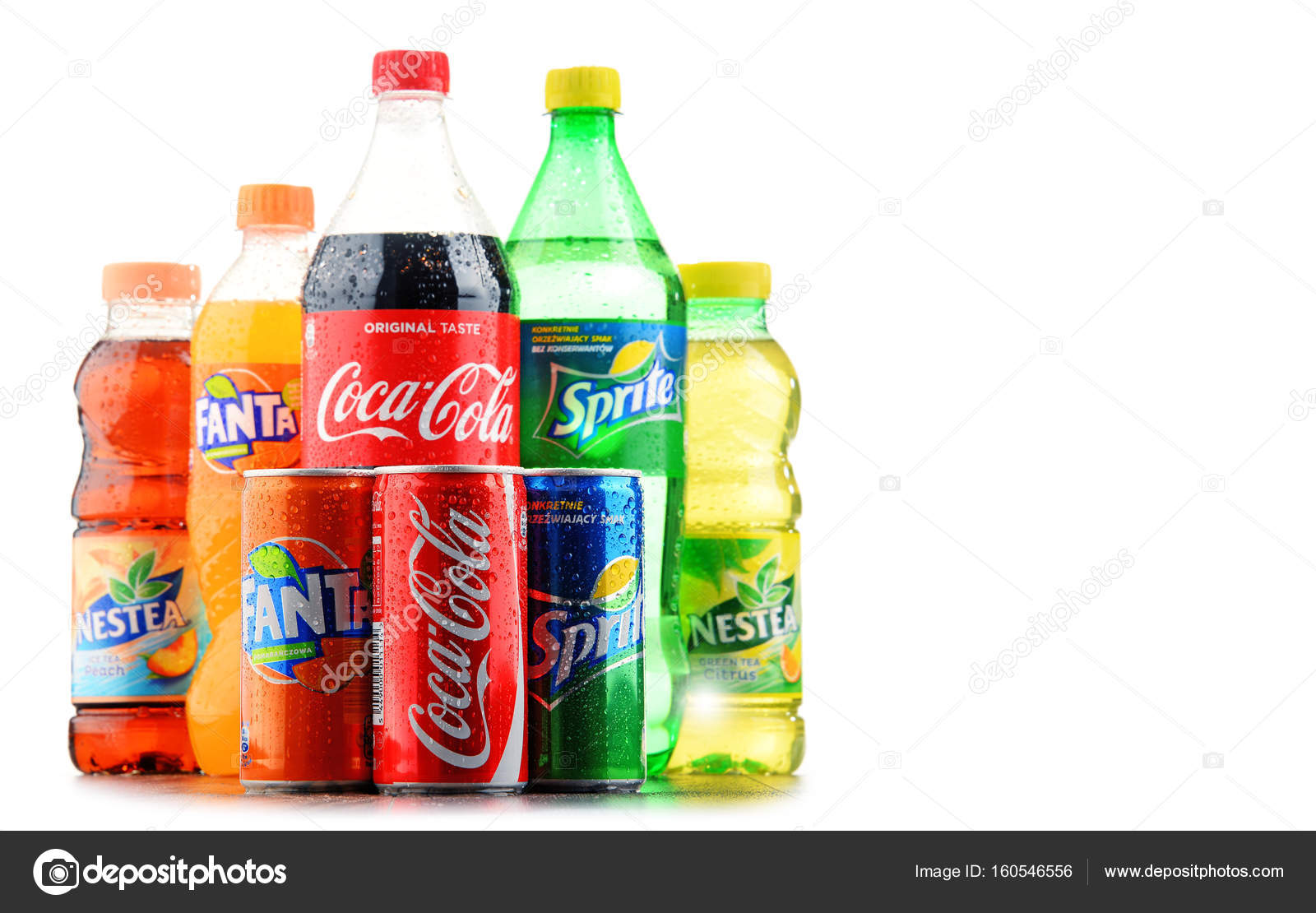 Bottles of global soft drink brands including products of Coca