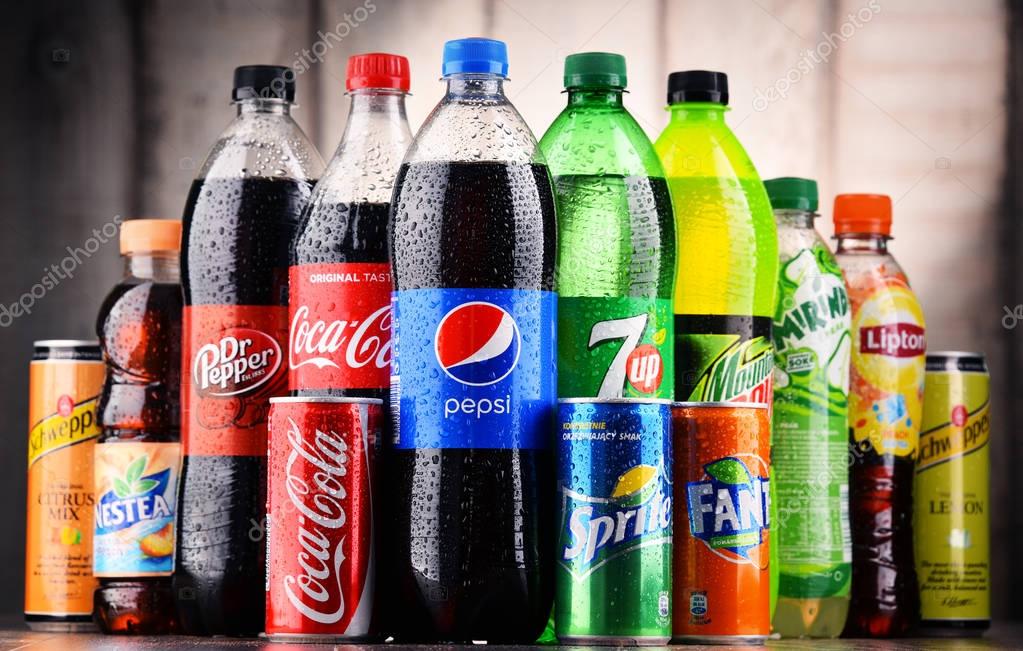 POZNAN, POLAND - MAY 19, 2017: Global soft drink market is dominated by brands of few multinational companies founded in North America. Among them are Pepsico, Coca Cola and Dr. Pepper Snapple Group