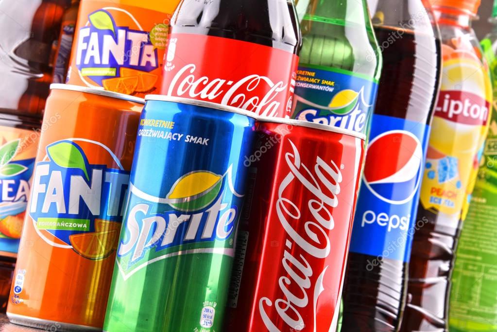 POZNAN, POLAND - MAY 19, 2017: Global soft drink market is dominated by brands of few multinational companies founded in North America. Among them are Pepsico, Coca Cola and Dr. Pepper Snapple Group