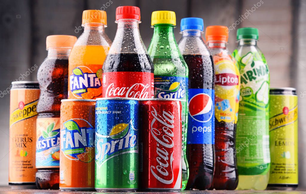POZNAN, POLAND - MAY 19, 2017: Global soft drink market is dominated by brands of few multinational companies founded in North America. Among them are Pepsico, Coca Cola and Dr. Pepper Snapple Group