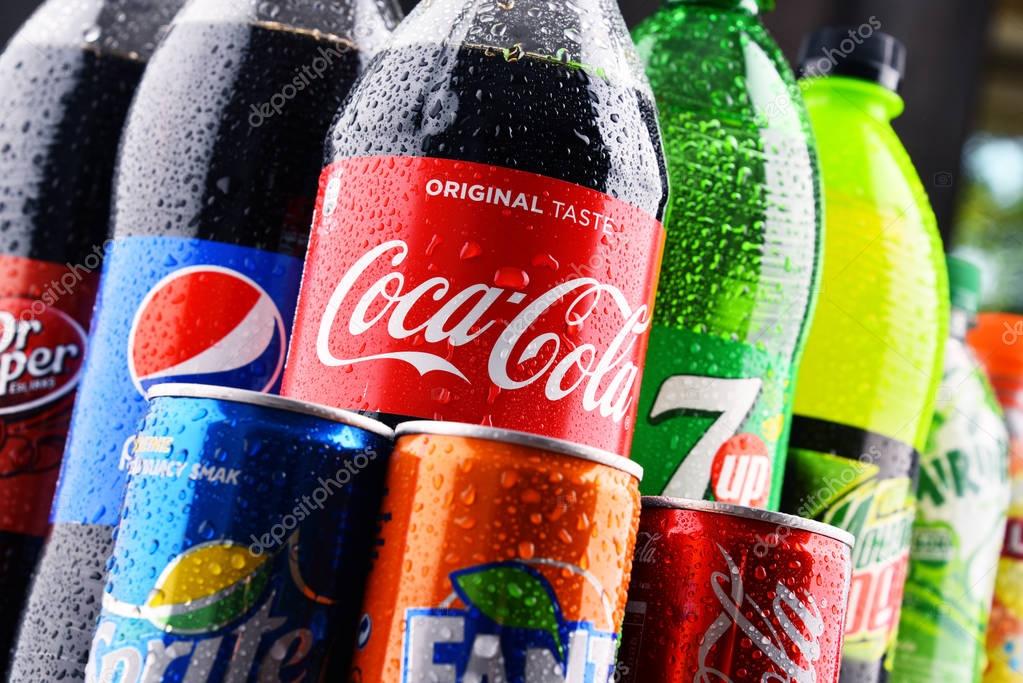 POZNAN, POLAND - MAY 19, 2017: Global soft drink market is dominated by brands of few multinational companies founded in North America. Among them are Pepsico, Coca Cola and Dr. Pepper Snapple Group
