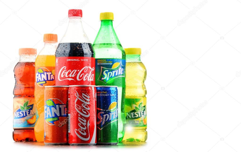 POZNAN, POLAND - JAN 19, 2017: Flagship products of Coca Cola Company, American multinational beverage corporation,  headquartered in Atlanta, Georgia, USA