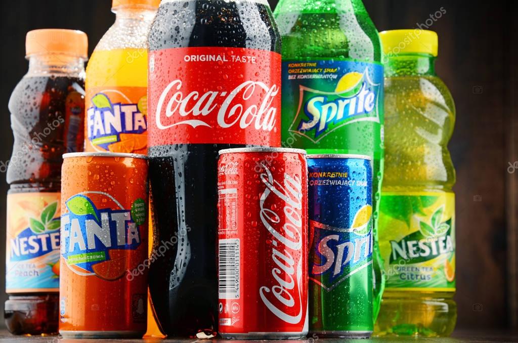 POZNAN, POLAND - JAN 19, 2017: Flagship products of Coca Cola Company, American multinational beverage corporation,  headquartered in Atlanta, Georgia, USA
