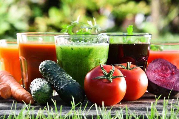 Glazen met verse biologische detox sappen in de tuin — Stockfoto