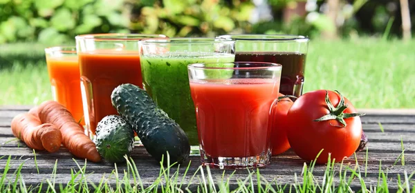 Vasos con zumos de desintoxicación orgánicos frescos en el jardín — Foto de Stock