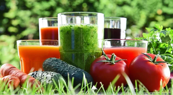 Bicchieri con succhi di disintossicazione organici freschi in giardino — Foto Stock