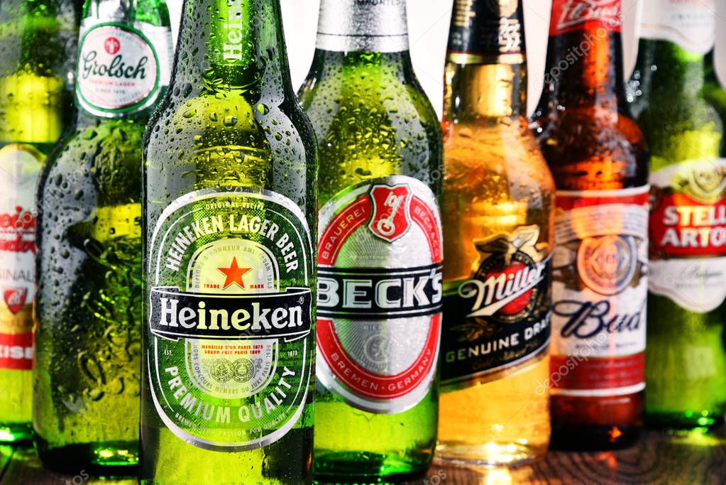 POZNAN, POLAND - JULY 21, 2017: beer is the world's most widely consumed alcoholic beverage; its global market is largely dominated by brands of several multinational corporations