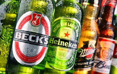 Çeşitli küresel bira markalarının şişe