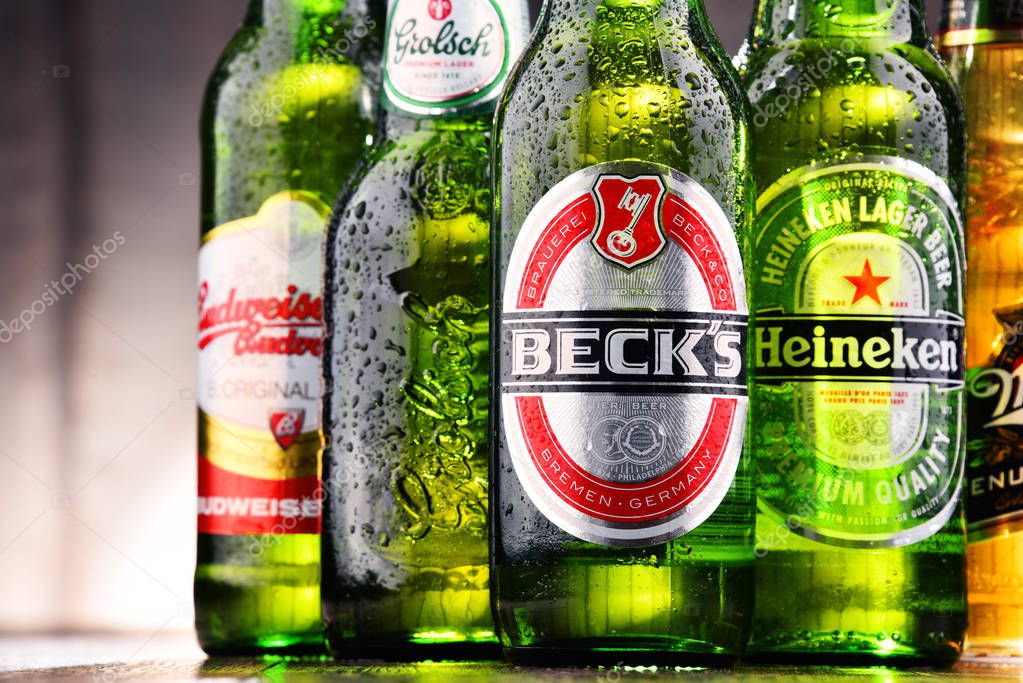 POZNAN, POLAND - JULY 21, 2017: beer is the world's most widely consumed alcoholic beverage; its global market is largely dominated by brands of several multinational corporations