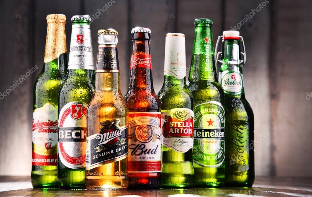 POZNAN, POLAND - JULY 21, 2017: beer is the world's most widely consumed alcoholic beverage; its global market is largely dominated by brands of several multinational corporations