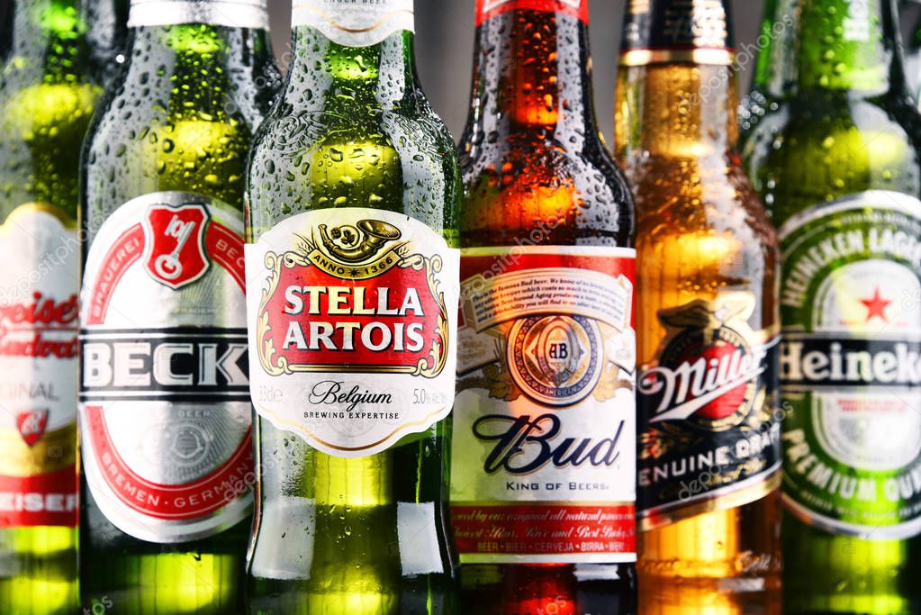 POZNAN, POLAND - JULY 21, 2017: beer is the world's most widely consumed alcoholic beverage; its global market is largely dominated by brands of several multinational corporations