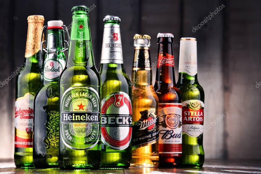 POZNAN, POLAND - JULY 21, 2017: beer is the world's most widely consumed alcoholic beverage; its global market is largely dominated by brands of several multinational corporations