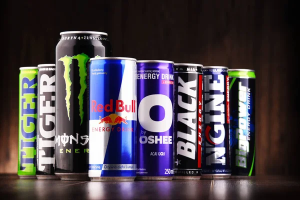 Cans of assorted global energy drink products — Stock Photo, Image